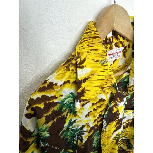 Vintage 70s Woolcrest Men L Disco Hawaiian Shirt Yellow Hipster - Picture 2 of 7